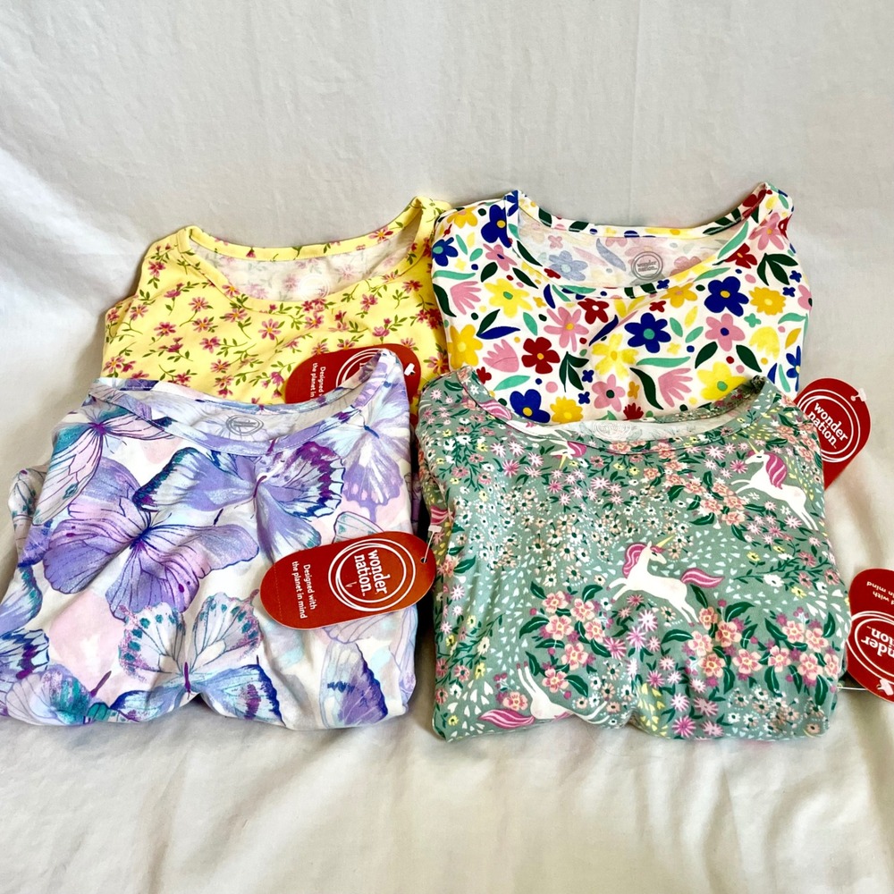 Wonder Nation Girls Short Sleeve Play Dress 4-Pack Butterfly Unicorn Floral M
